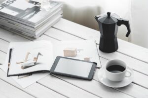technology, coffee cup, tablet, digital tablet, computer, device, desk, coffee, cup, magazines, leisure
